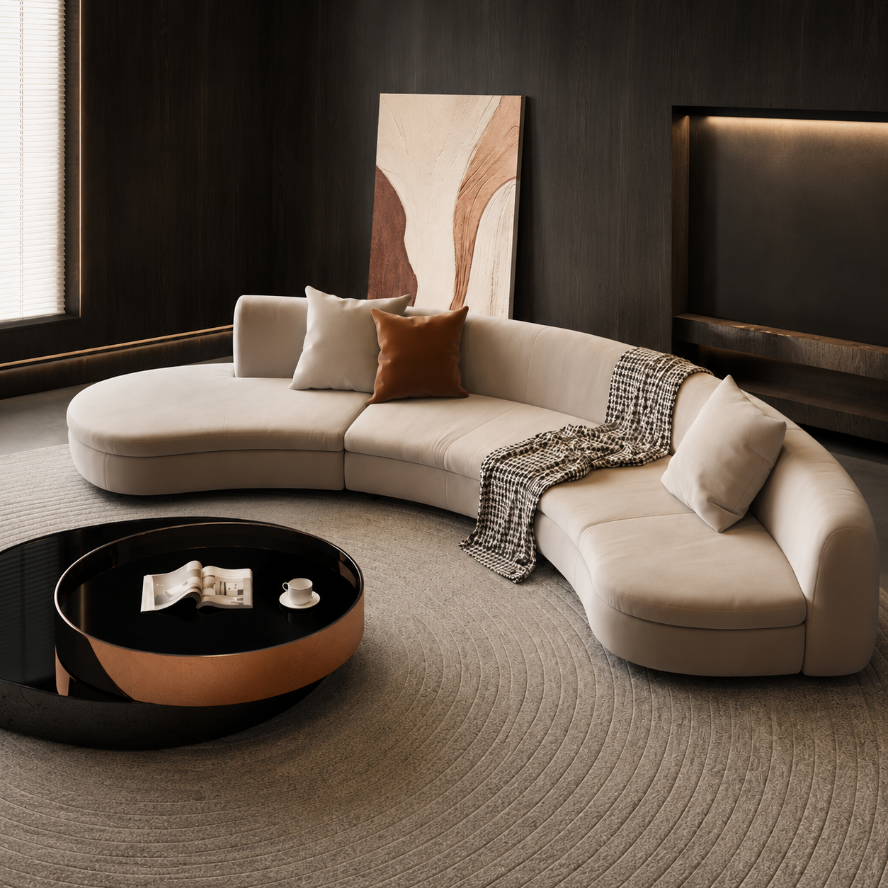 Abside Sofa in cream, a half-circle of two curved modules with loose back cushions