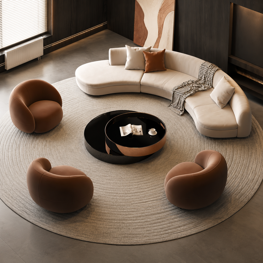 The Abside Sofa seen from above with three Caillou Armchairs around a round table