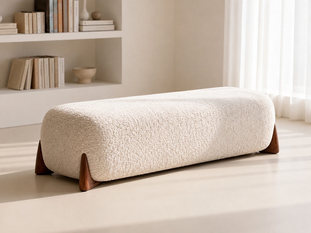 Aile Bench: a rounded ivory boucle block lifted on four small walnut wedge feet, in a pale room with a plaster bookshelf