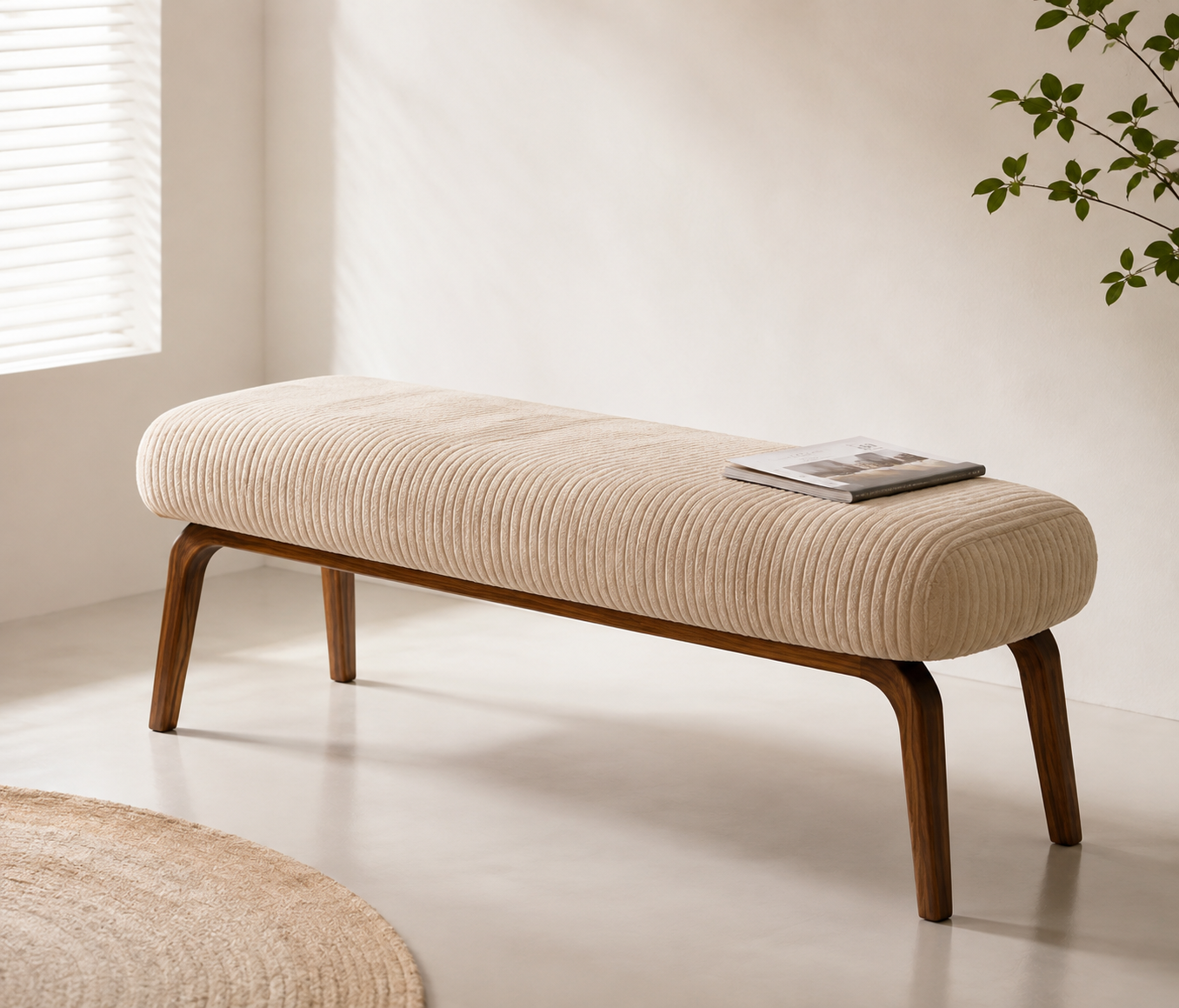Amance Bench seen from the side, the ribs running across the seat and the walnut legs splaying outward