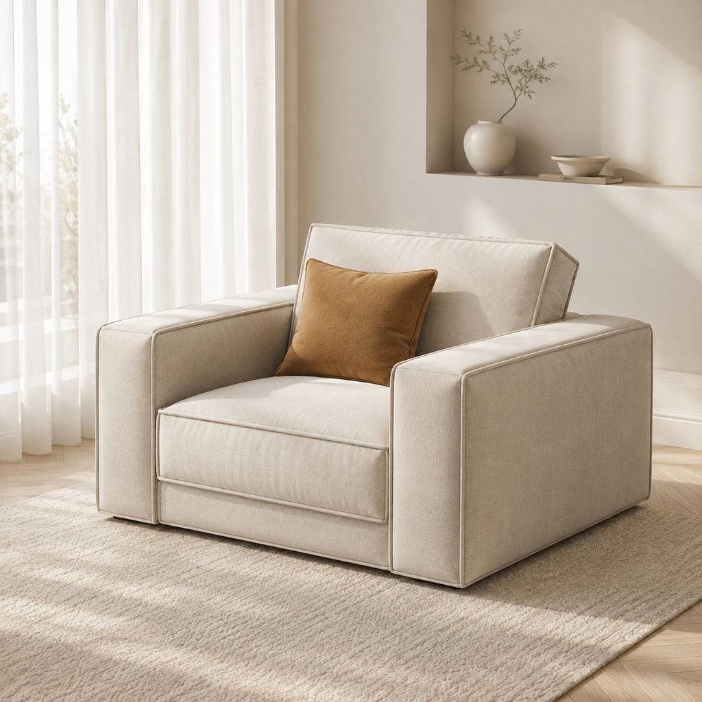 Ample Armchair in cream, the deep block arms and the fine cord running along every edge