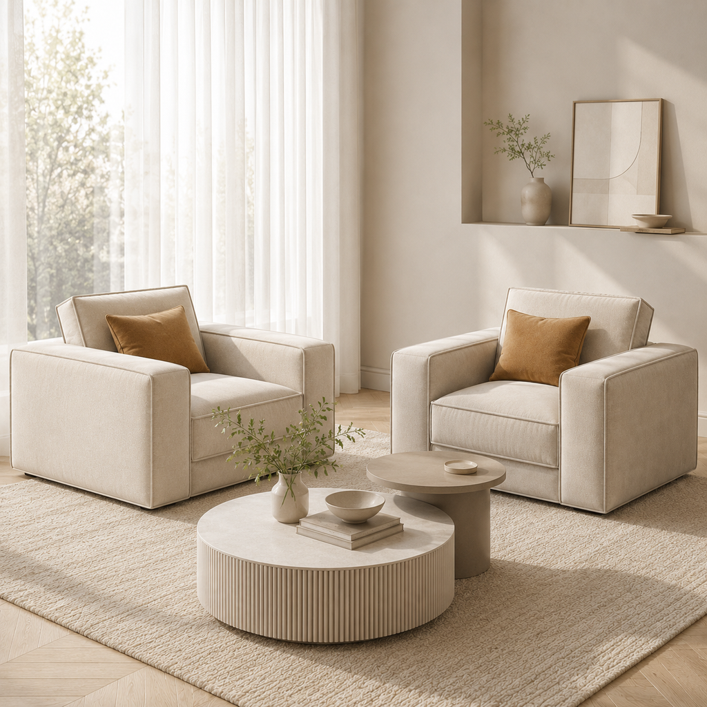 The Ample Sofa with its two matching armchairs across a low table