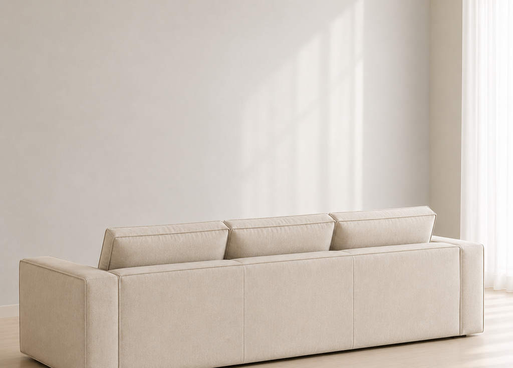 Ample Sofa from behind, the back finished in the same cloth as the front