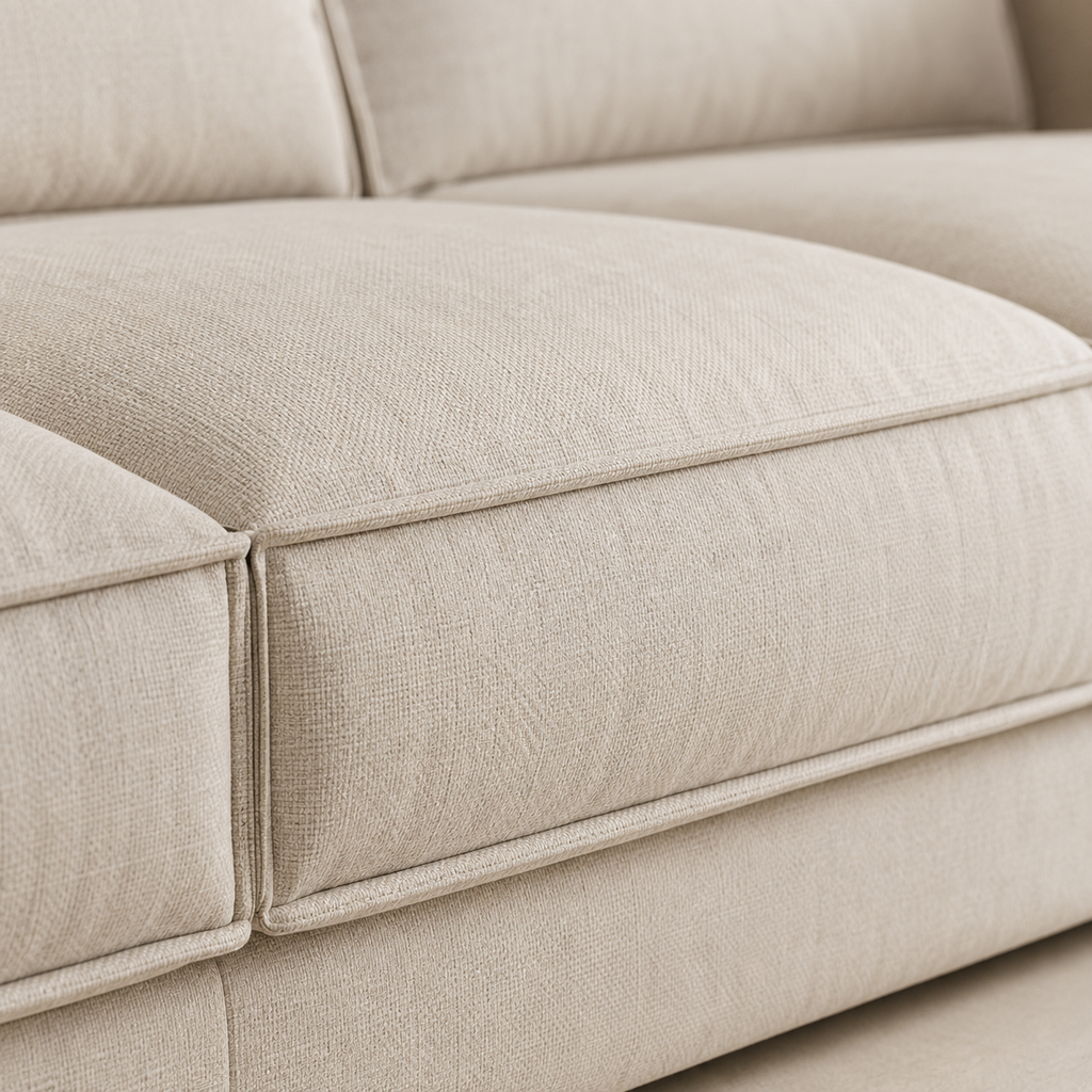 Close view of the Ample Sofa seat, the cord running along the front edge of the cushion