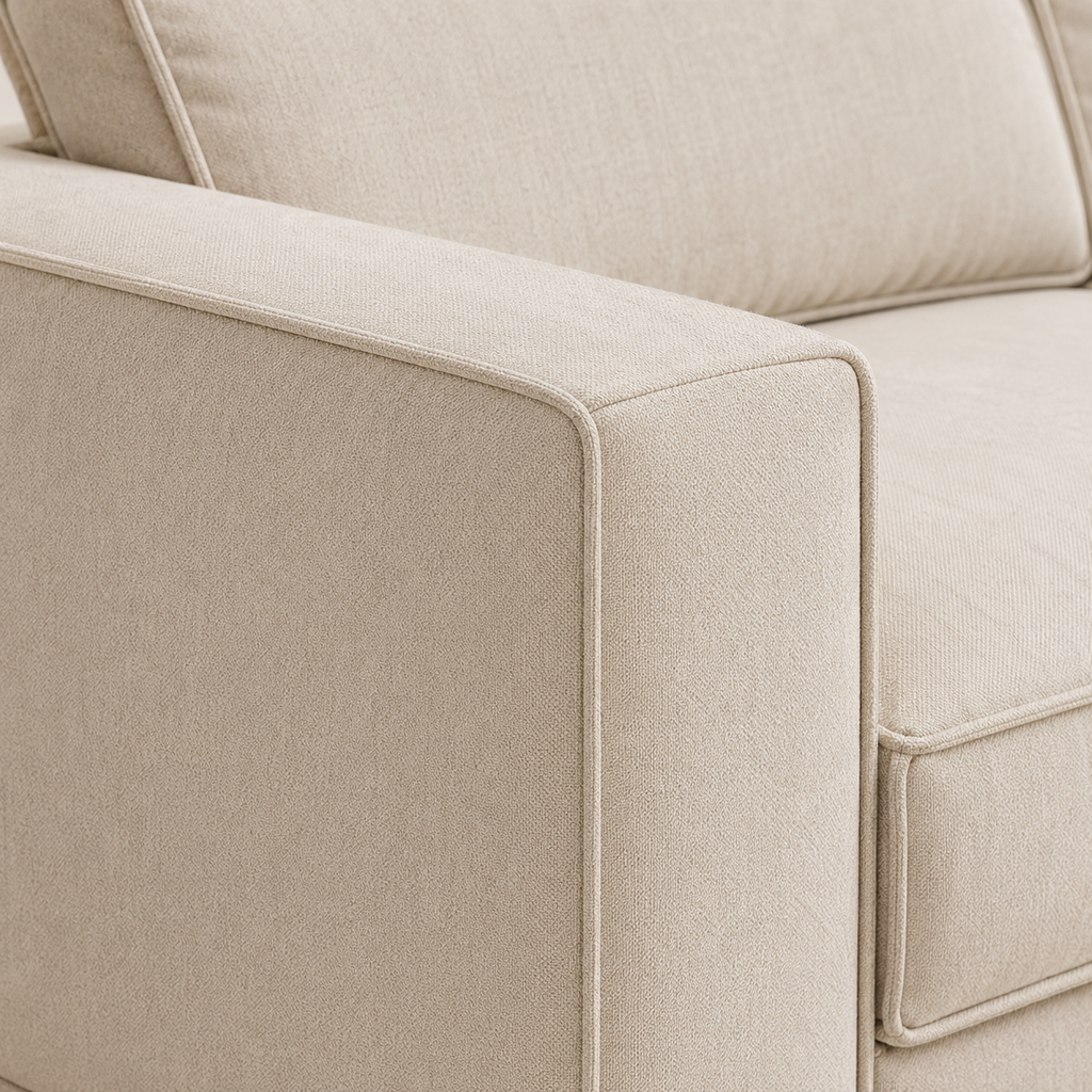 Close view of the Ample Sofa arm, where the cord turns the corner