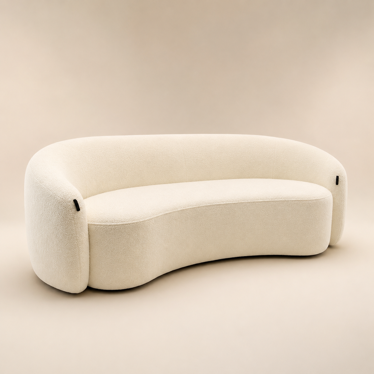 Anse Sofa at an angle, the kidney shape of the seat reading against the base