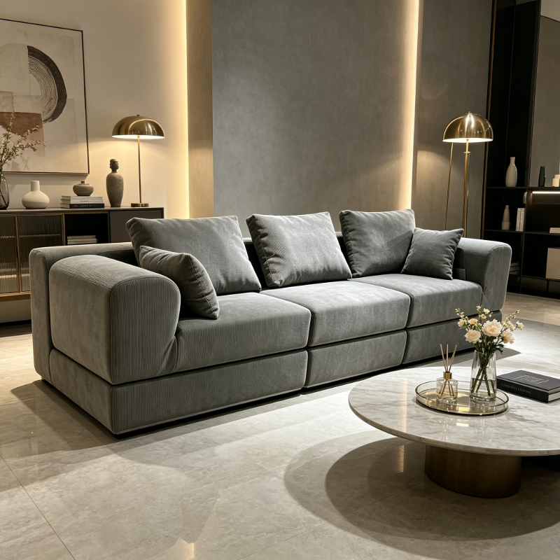 Ardoise Sofa in slate corduroy, three seat modules between two fat rounded arms