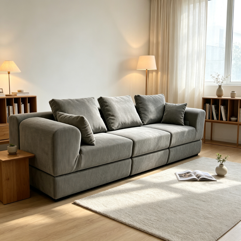 Ardoise Sofa in daylight, the corduroy ribs running down the arm and along the base