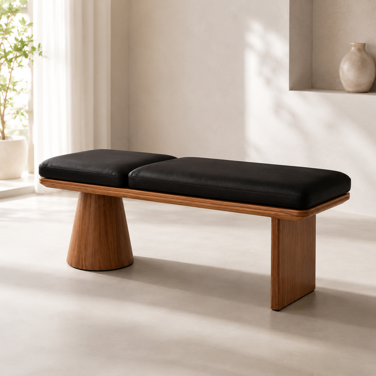 Aubin Bench with black pads in a pale room beside a plant and a wall niche