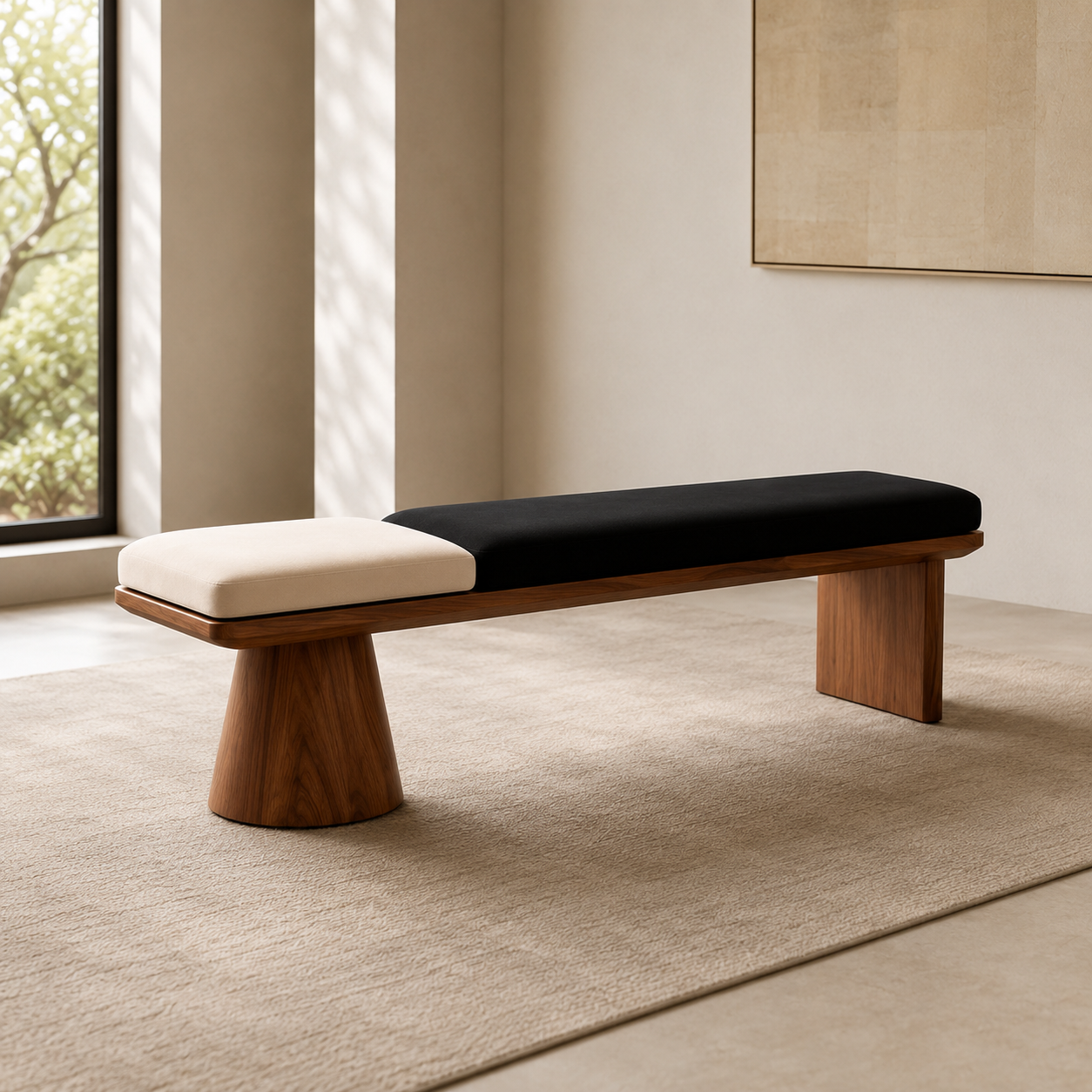 Aubin Bench in cream and black below a framed drawing