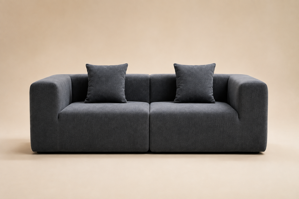 Basalte Sofa in charcoal, two blocks pushed together with rounded tube arms
