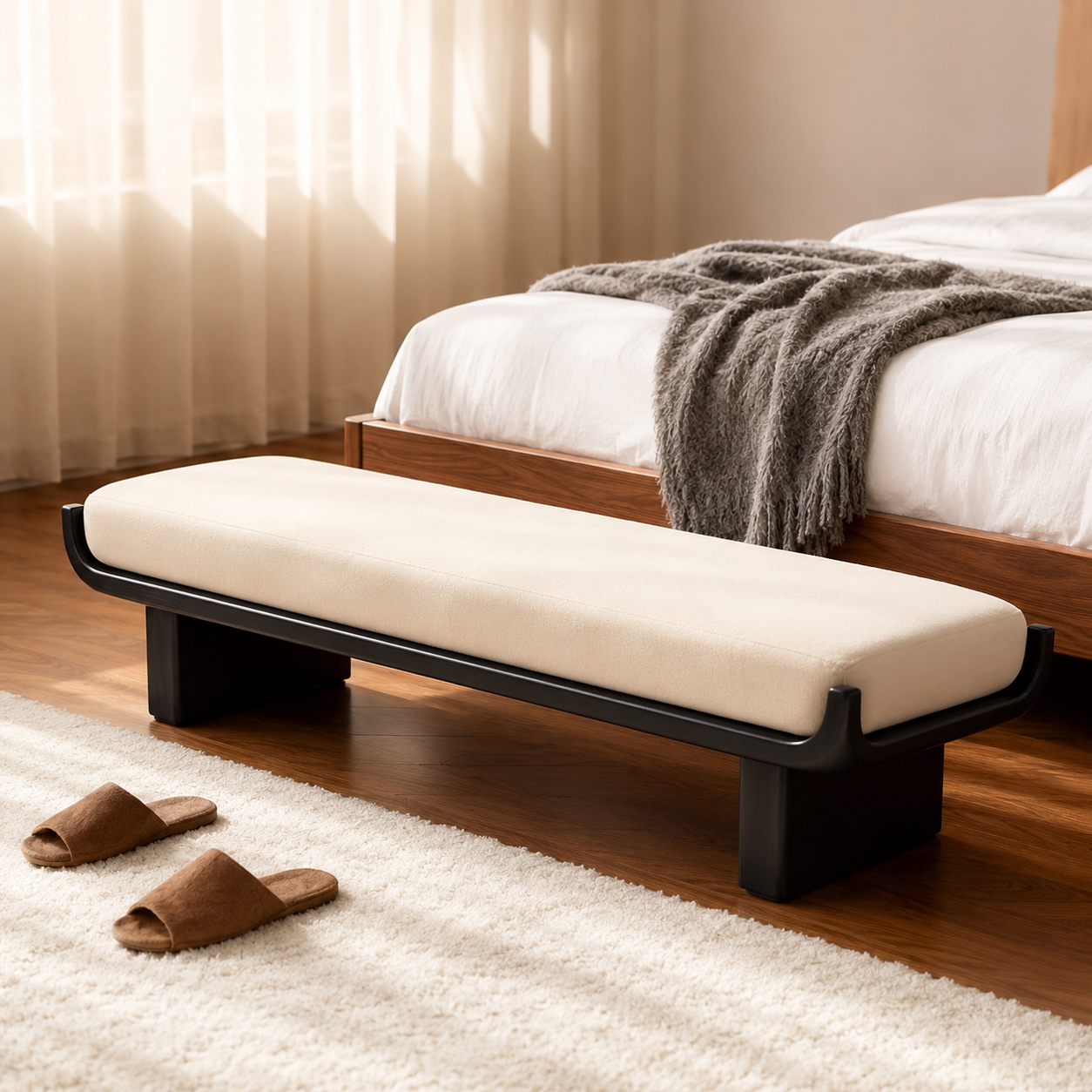 Berceau Bench at an angle in morning light, the black cradle curving up at both ends around the cream cushion