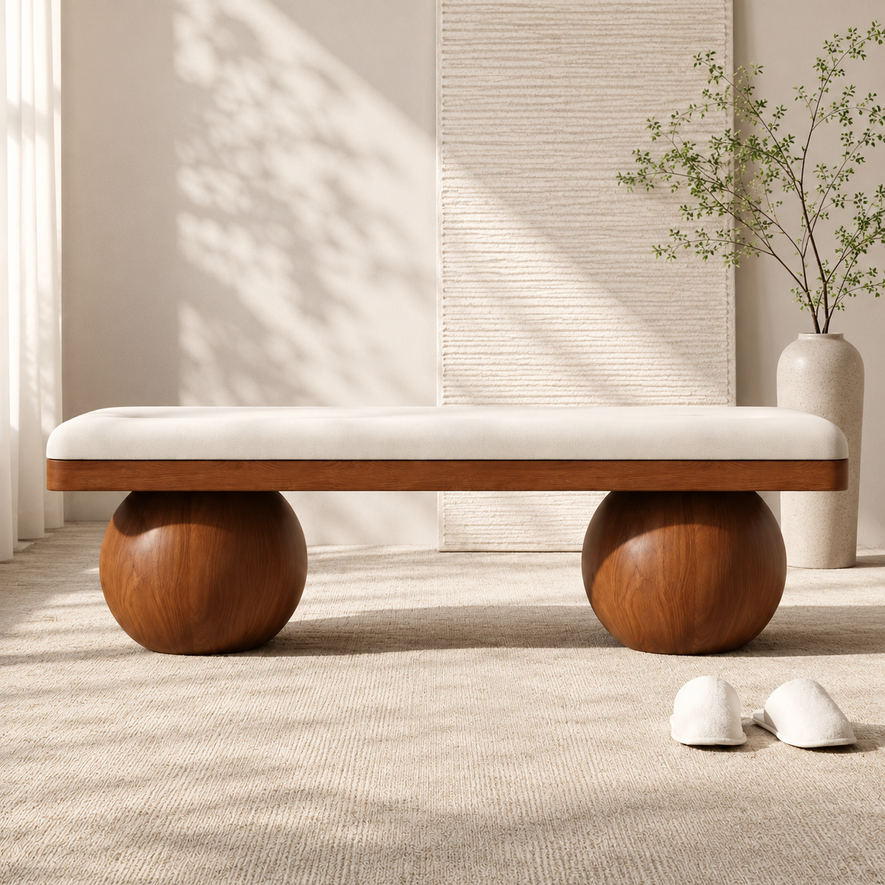 Boule Bench at an angle in afternoon light, the two spherical feet casting round shadows on a pale rug