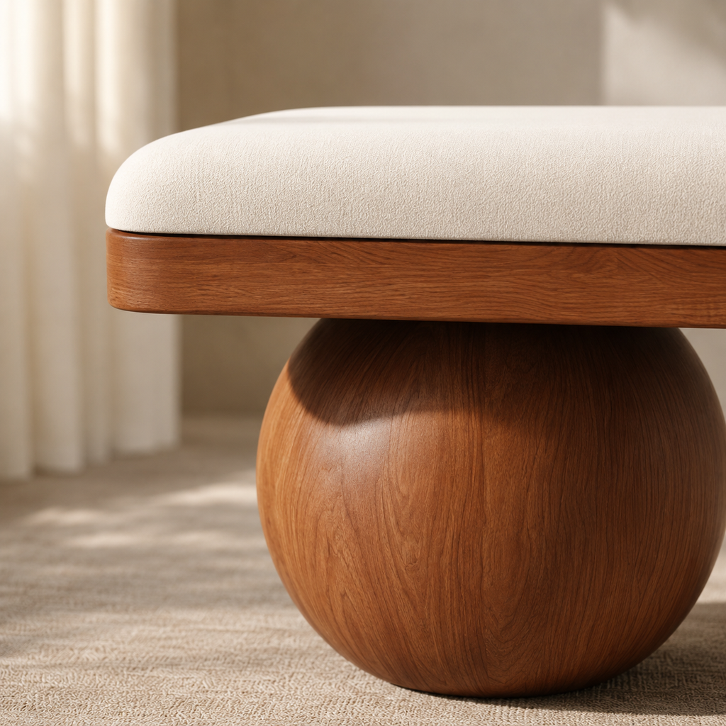 Close view of the cushion sitting proud of the rounded walnut edge, above one turned sphere