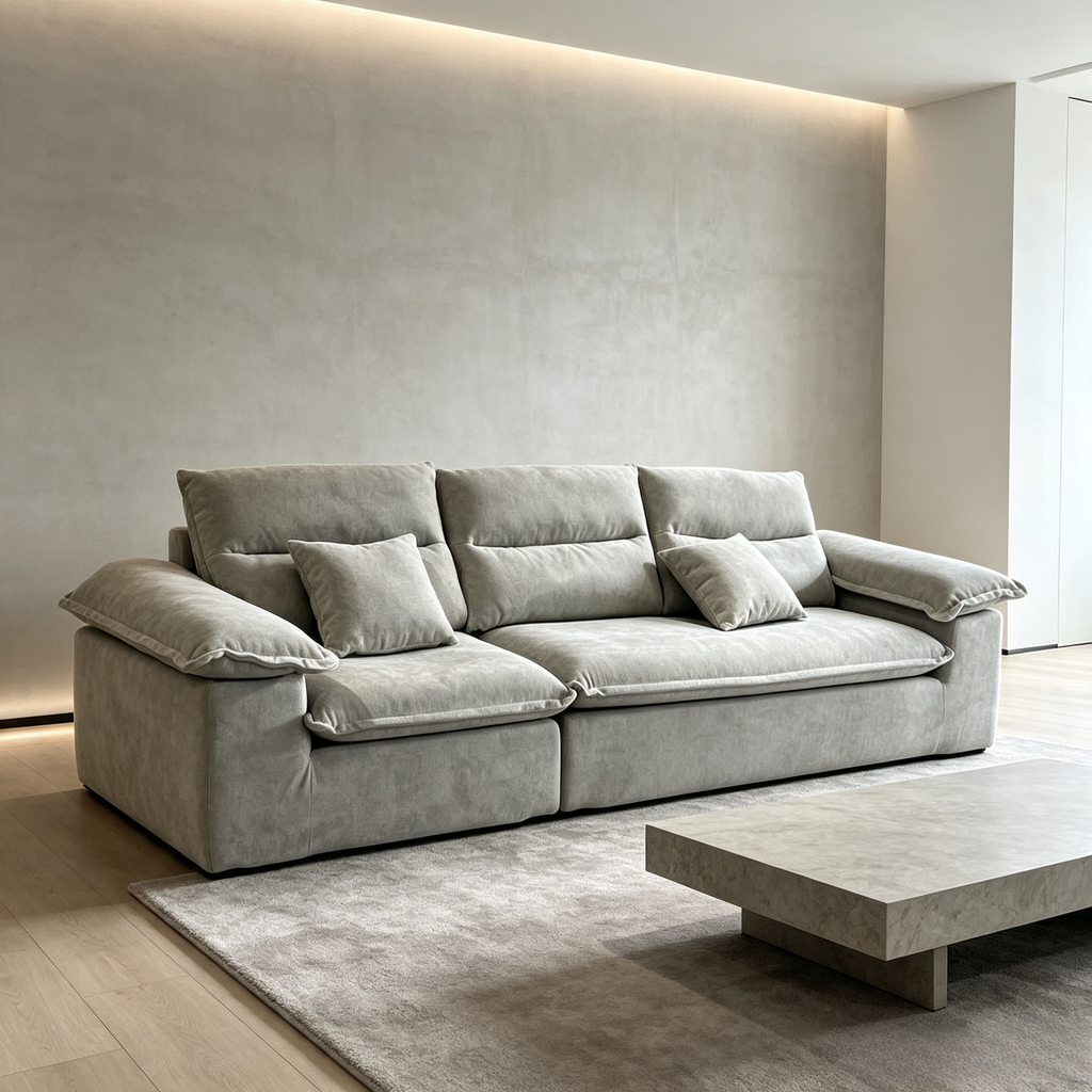 Brume Sofa in a plaster room, the deep seat and low base seen from an angle