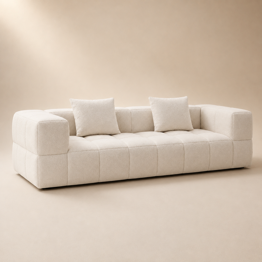 Bulle Sofa from the other side, the grid carrying on along the outside of the arm
