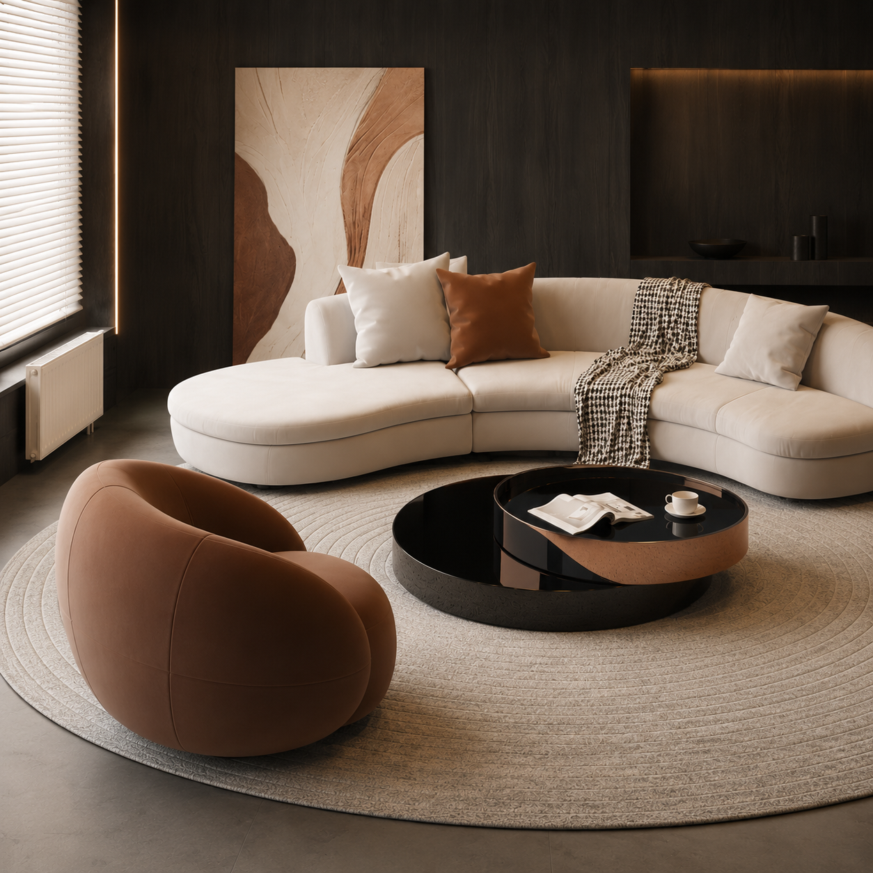 Caillou Armchair in cognac, the wrapped back and arms forming one rounded shell