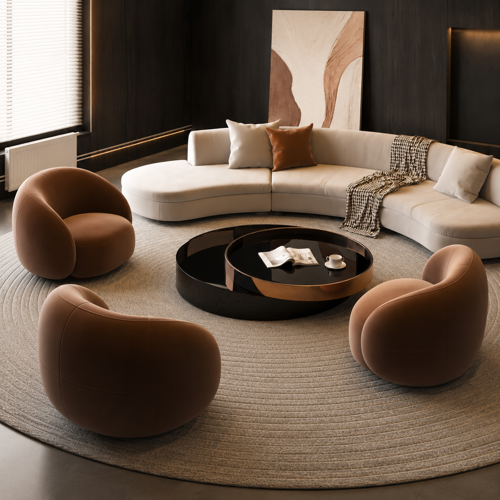 Three Caillou Armchairs drawn round a low table opposite the Abside Sofa
