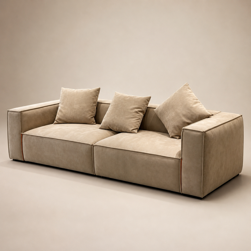 Chamois Sofa in camel, two blocks with corded edges and three loose back cushions
