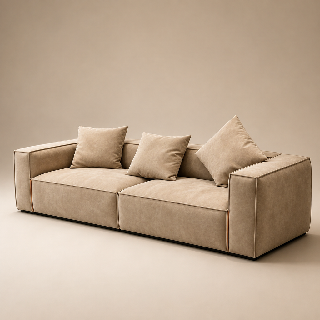 Chamois Sofa from the other side, the recessed dark base under the blocks