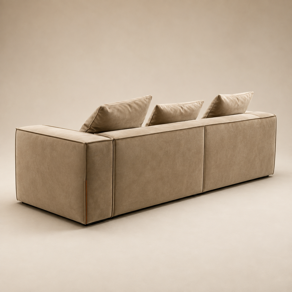 Chamois Sofa from behind, the back finished in the same napped cloth as the front