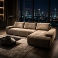 Damier Sofa in mocha, the grid-tufted seat running into a deep open chaise