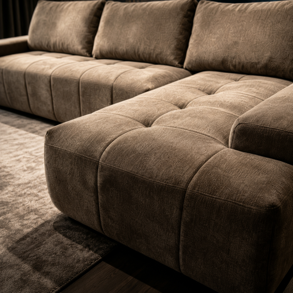 Close view of the Damier Sofa, the square tufting on the chaise and the rounded corner of the arm