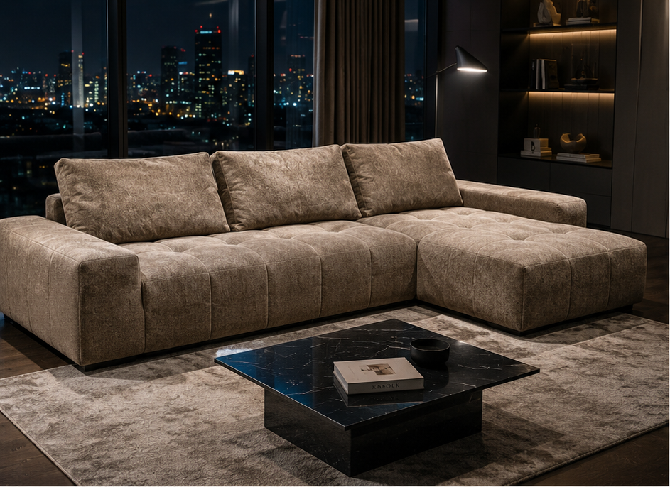 Damier Sofa seen from the corner of the room, the chaise reaching out towards the window
