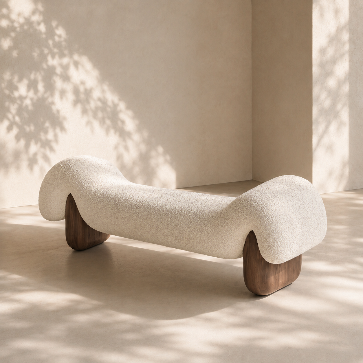 Dune Bench seen side on, the wave of the seat drawn between two walnut feet