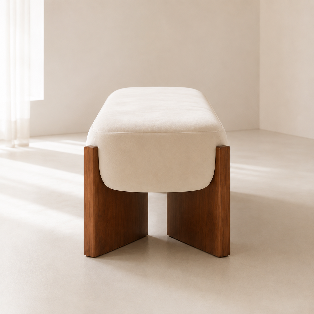 Ecrin Bench in cream, showing how the cushion is held between the two walnut slabs