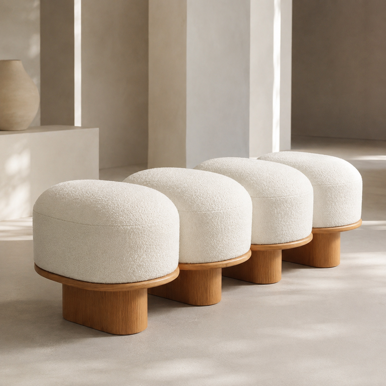 Galet Bench in cream boucle on a rounded oak base, in a plastered room with a ceramic vessel on a plinth