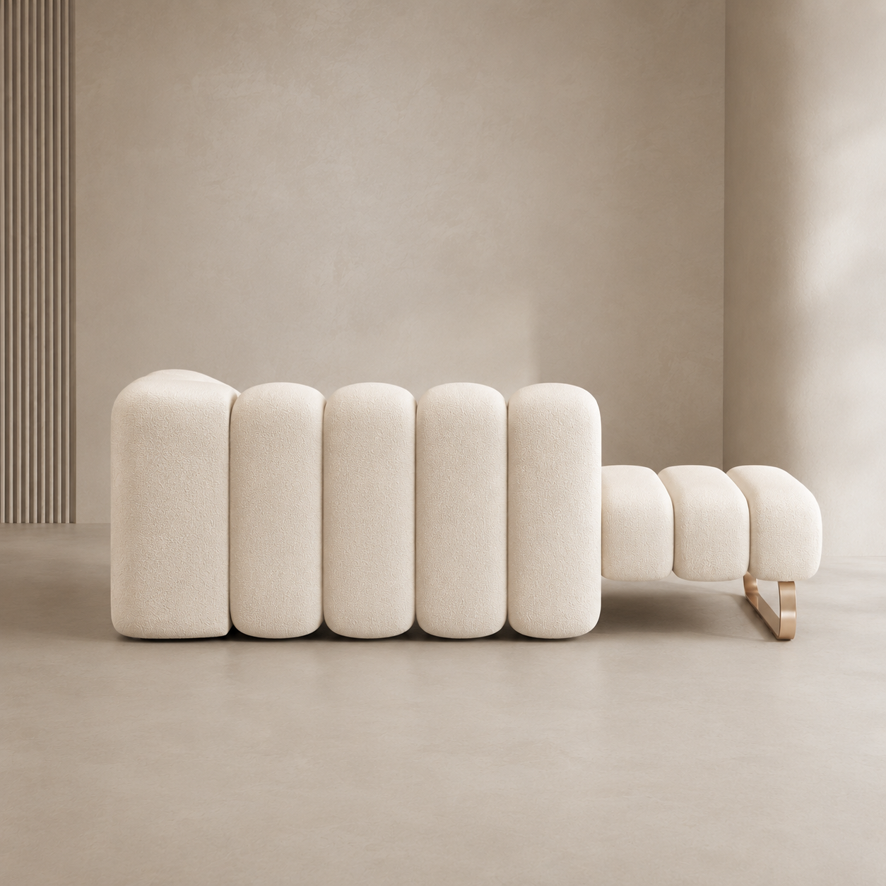 Godron Bench from behind, the rounded flutes stepping down from the backrest to the open end