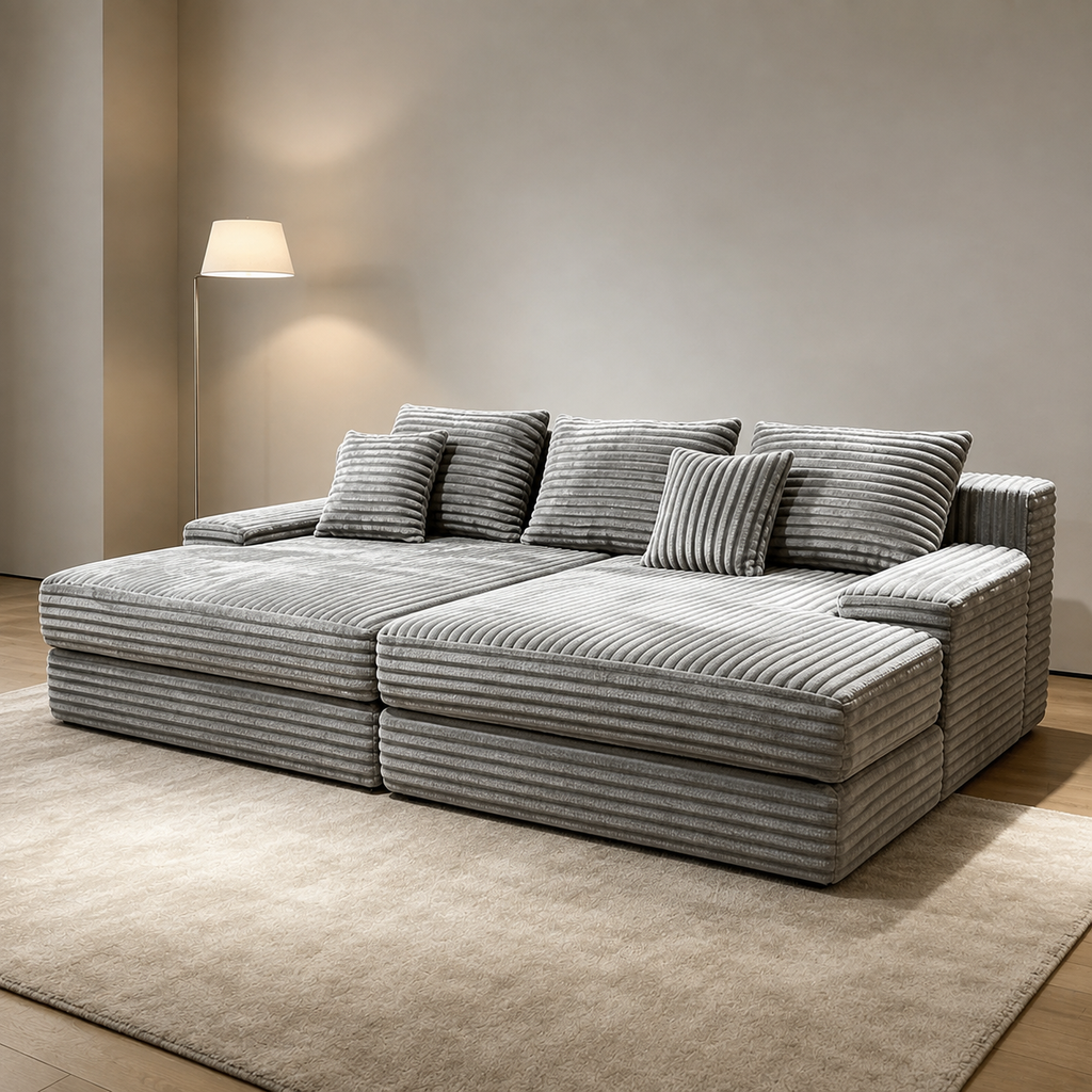 Îlot Sofa in grey corduroy, a deep island of stacked ribbed blocks with loose back cushions