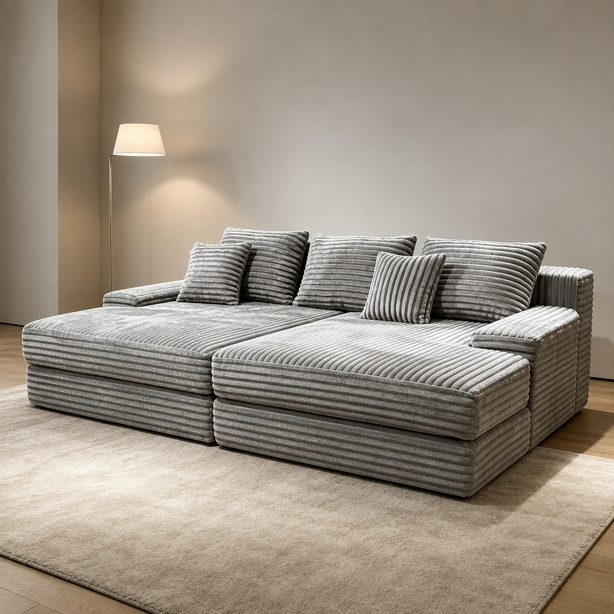 Îlot Sofa in grey corduroy, a deep island of stacked ribbed blocks with loose back cushions