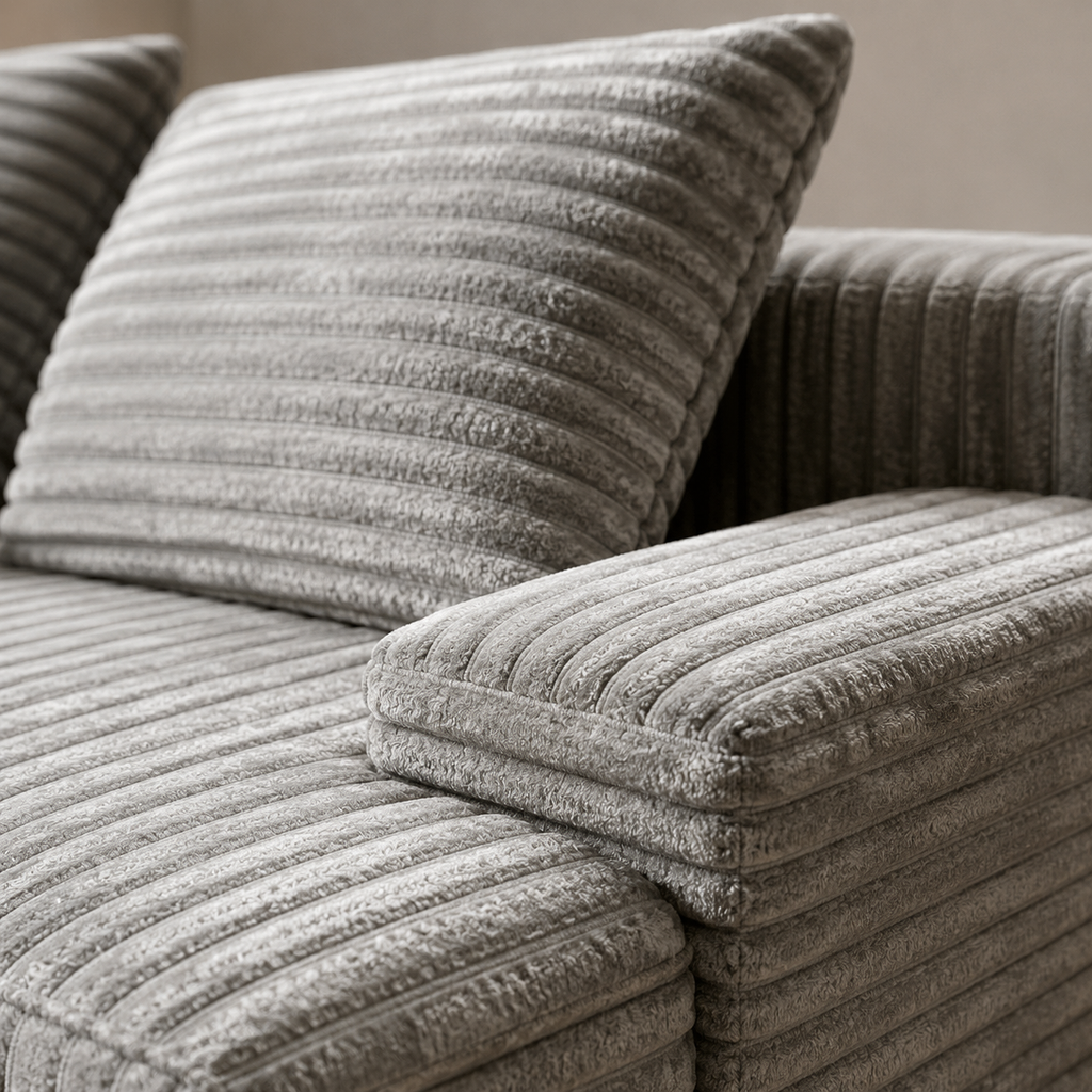 Close view of the Îlot Sofa, the wide deep cord running round the arm and the cushion beside it
