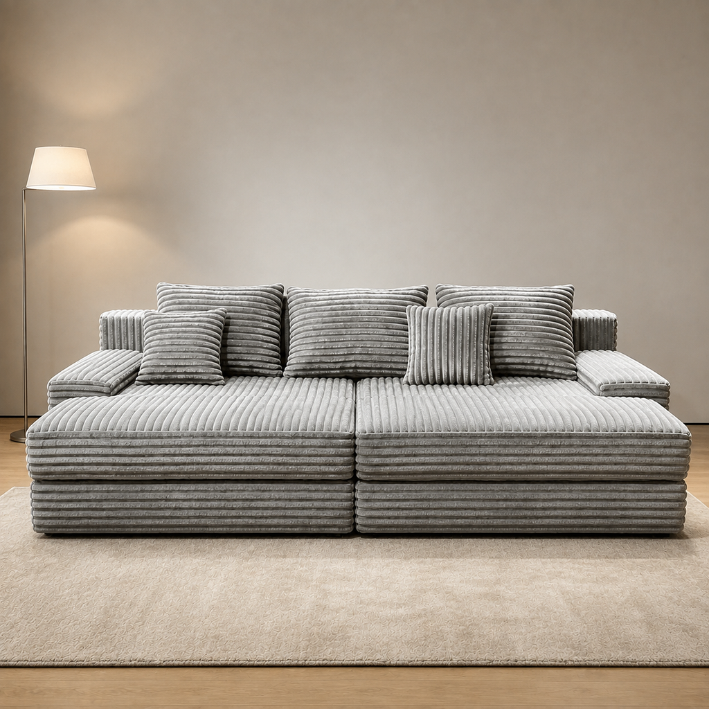 Îlot Sofa seen straight on, the two seat platforms meeting in the middle