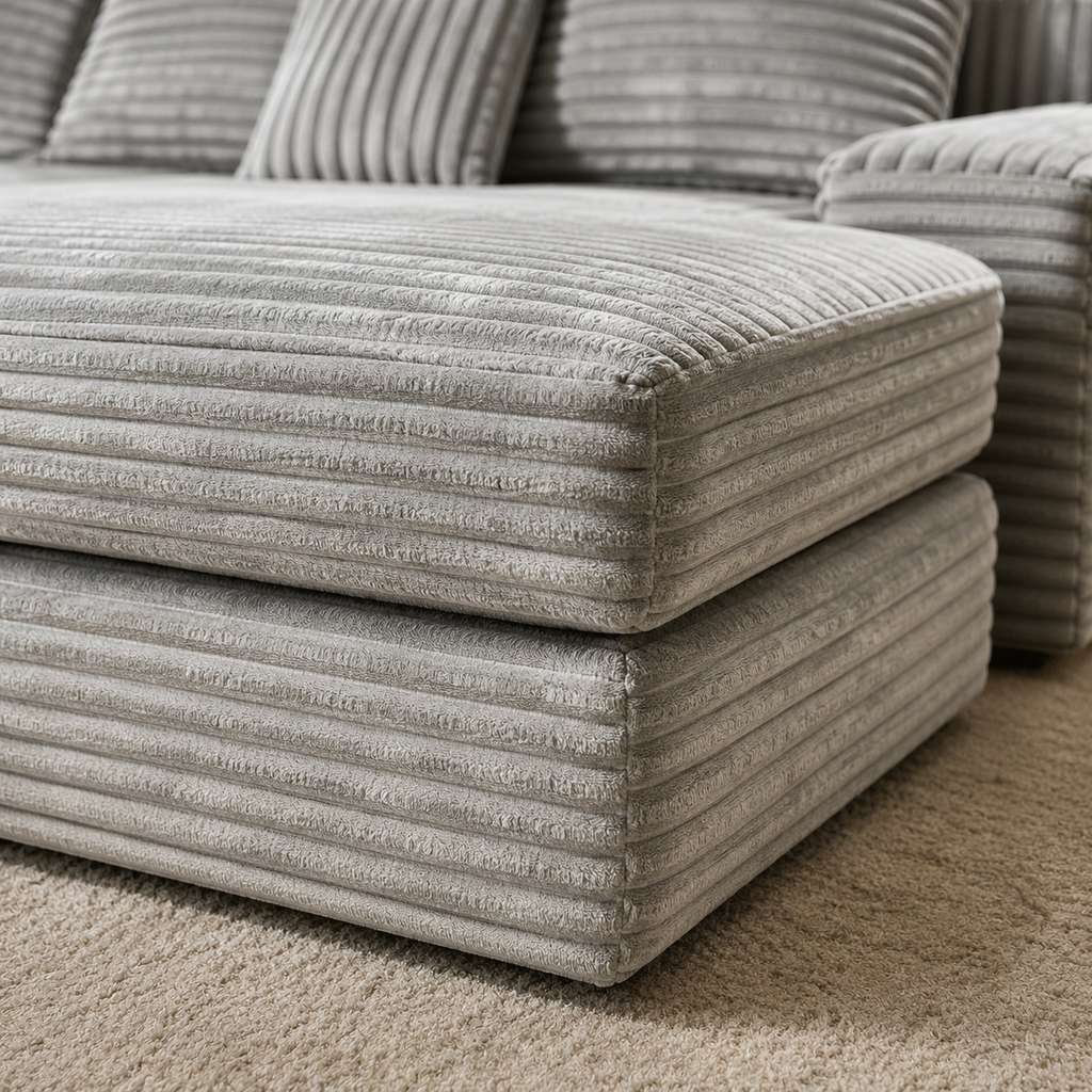 Close view of the Îlot Sofa corner, one slab resting on another with the cord turning the edge