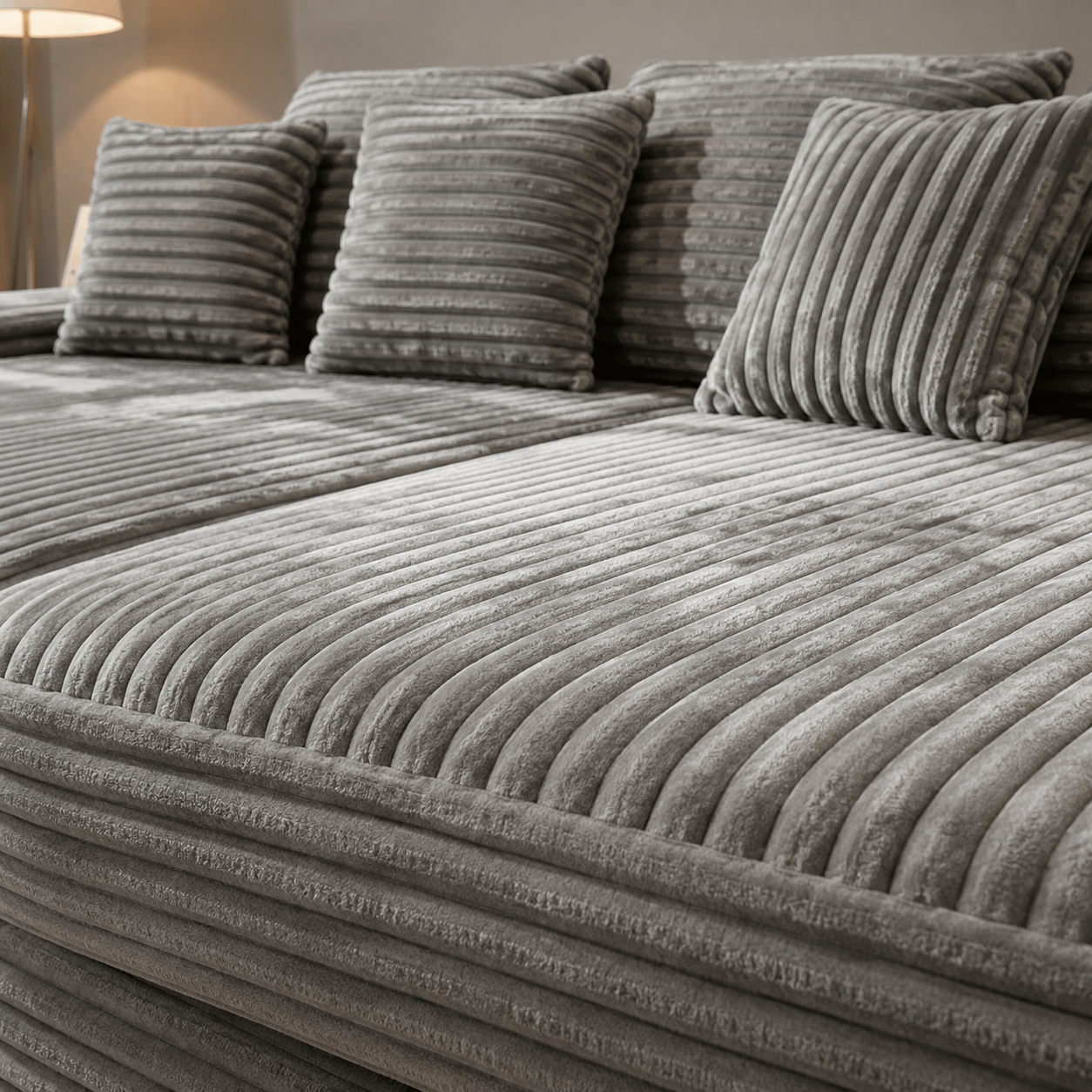 Close view of the Îlot Sofa seat and the loose back cushions laid across it