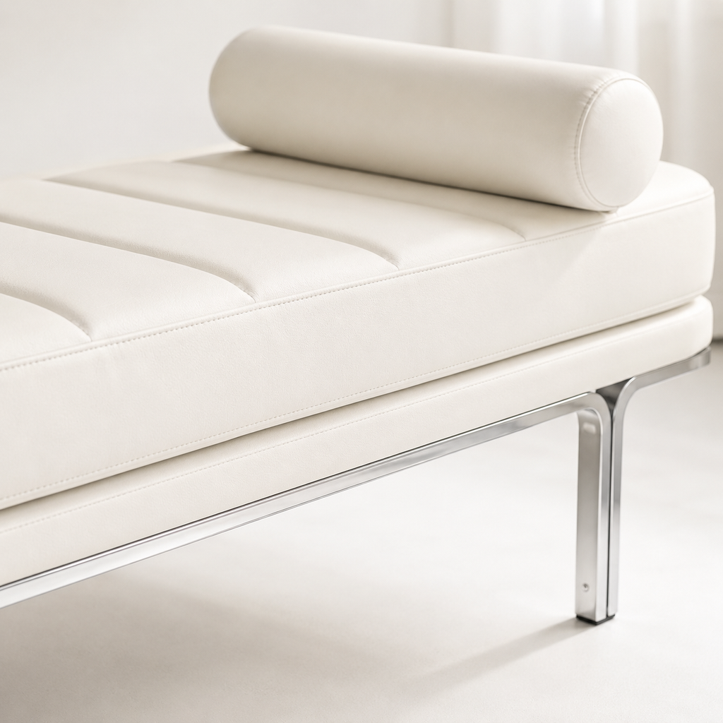 Close view of the channelled seam lines, the bolster and the polished steel leg meeting the frame