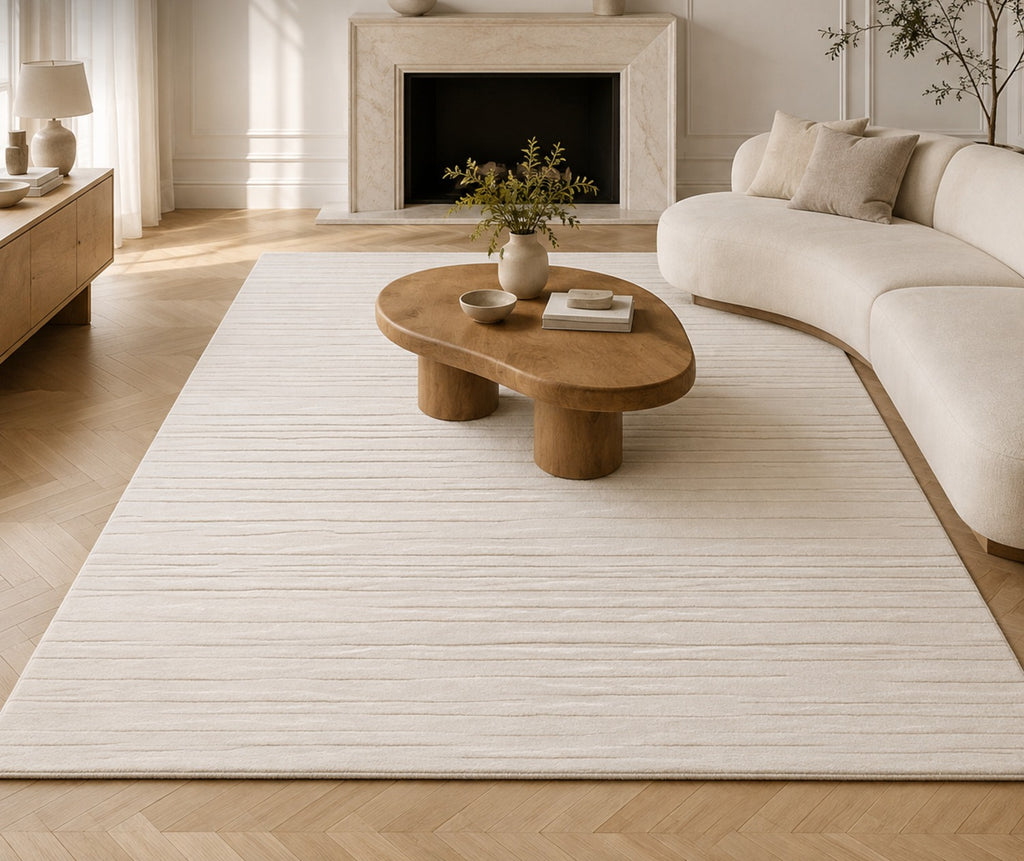 Linéa Rug in ivory in a panelled room with a fireplace and a curved boucle sofa
