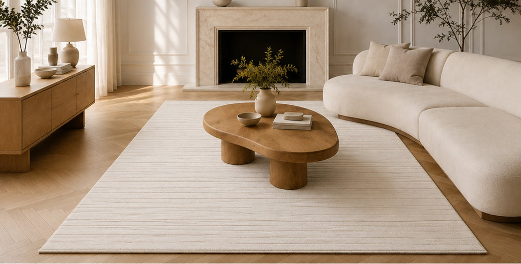 Linéa Rug on a herringbone floor with an oak sideboard and a rounded coffee table