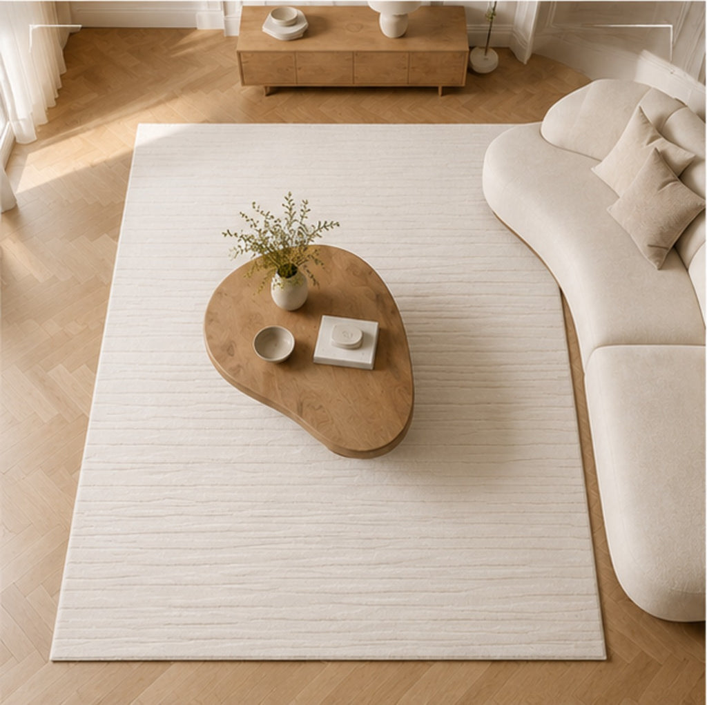 Linéa Rug seen from above, the fine relief lines running across the room