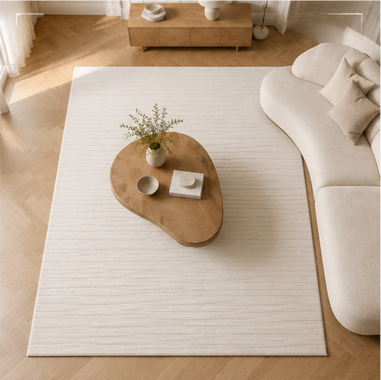 Linéa Rug seen from above, the fine relief lines running across the room