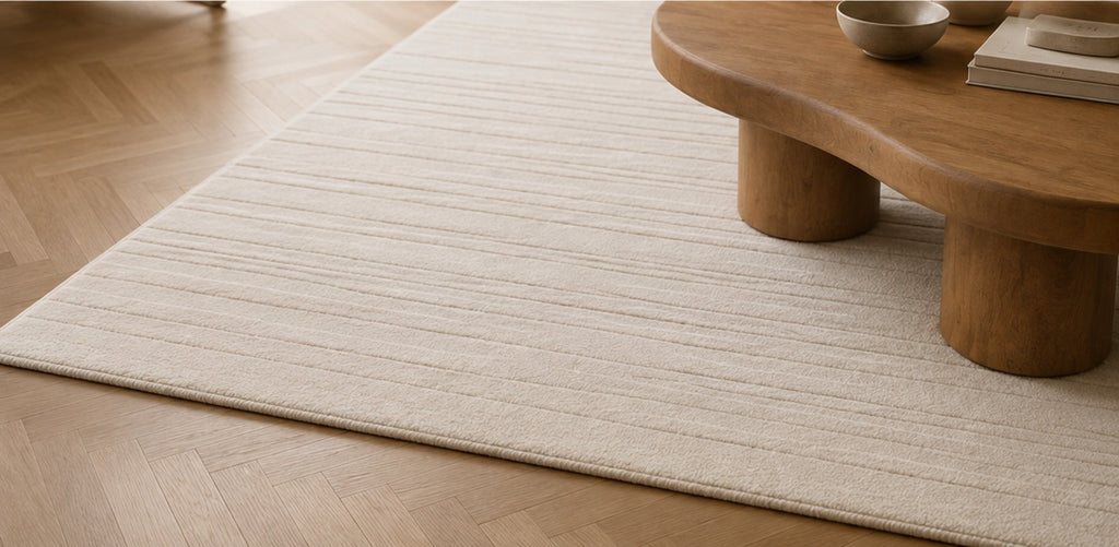 Close view of the Linéa Rug's horizontal relief and bound edge on a herringbone floor