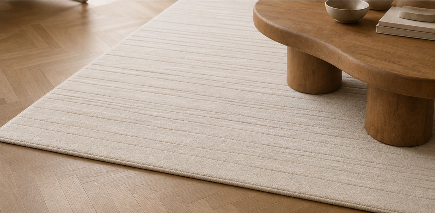Close view of the Linéa Rug's horizontal relief and bound edge on a herringbone floor