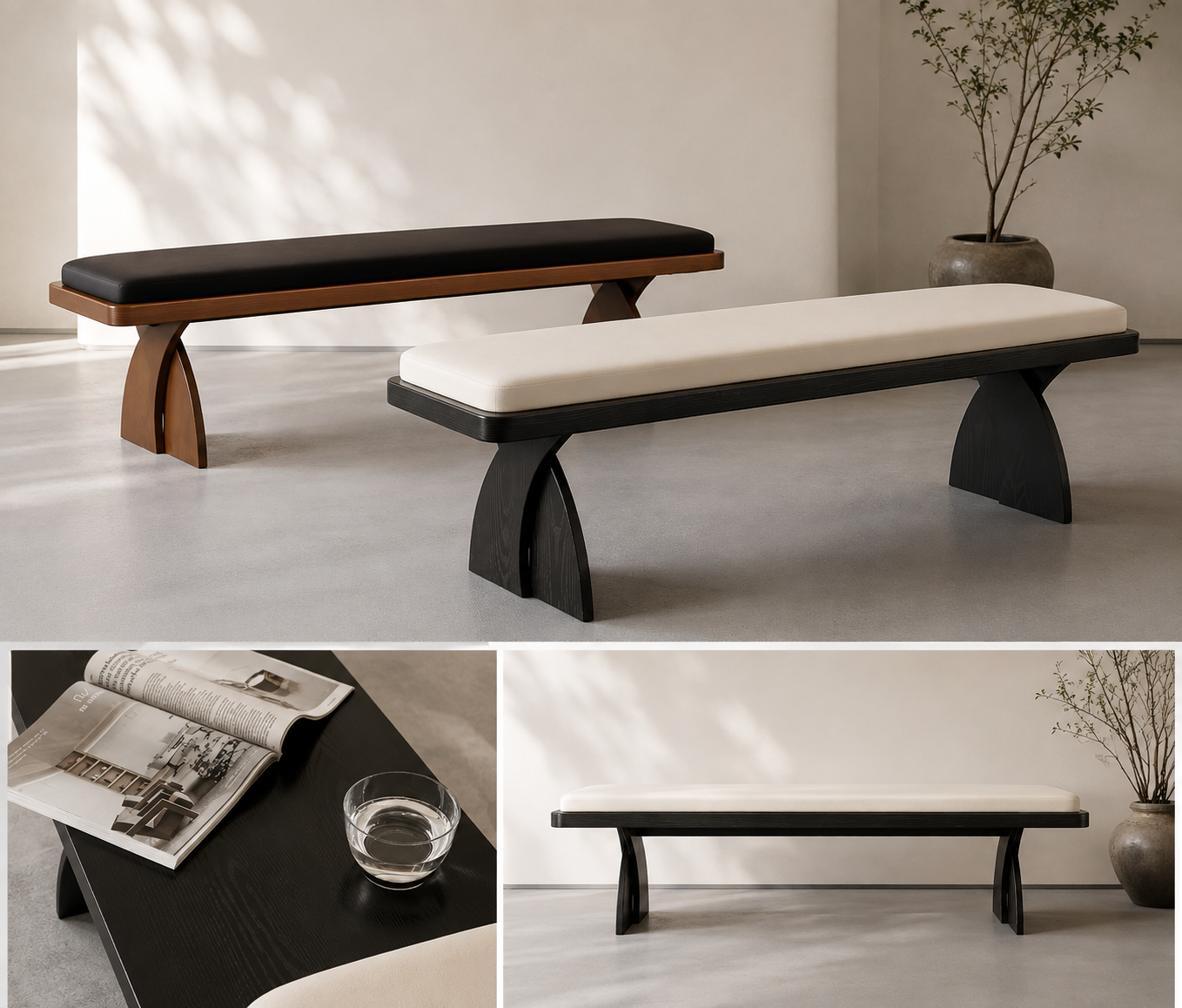 Three views of the Marane Bench: both finishes side by side, the black frame used as a surface, and the black frame seen straight on