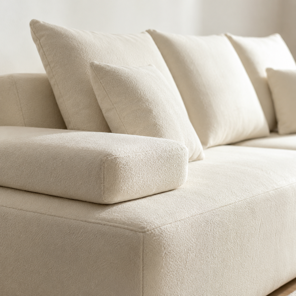 Close view of the Massif Sofa, the bouclé loop and the seam along the seat