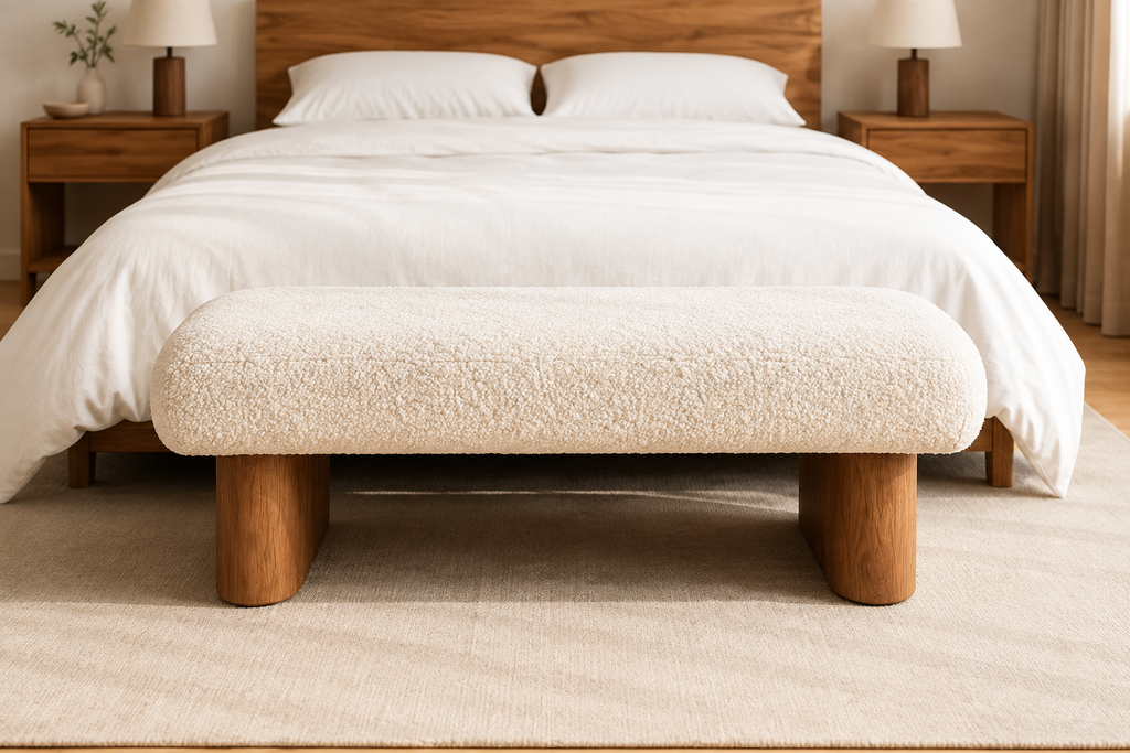 Nuage Bench: a deep cream boucle roll on two rounded oak legs, at the end of a walnut bed