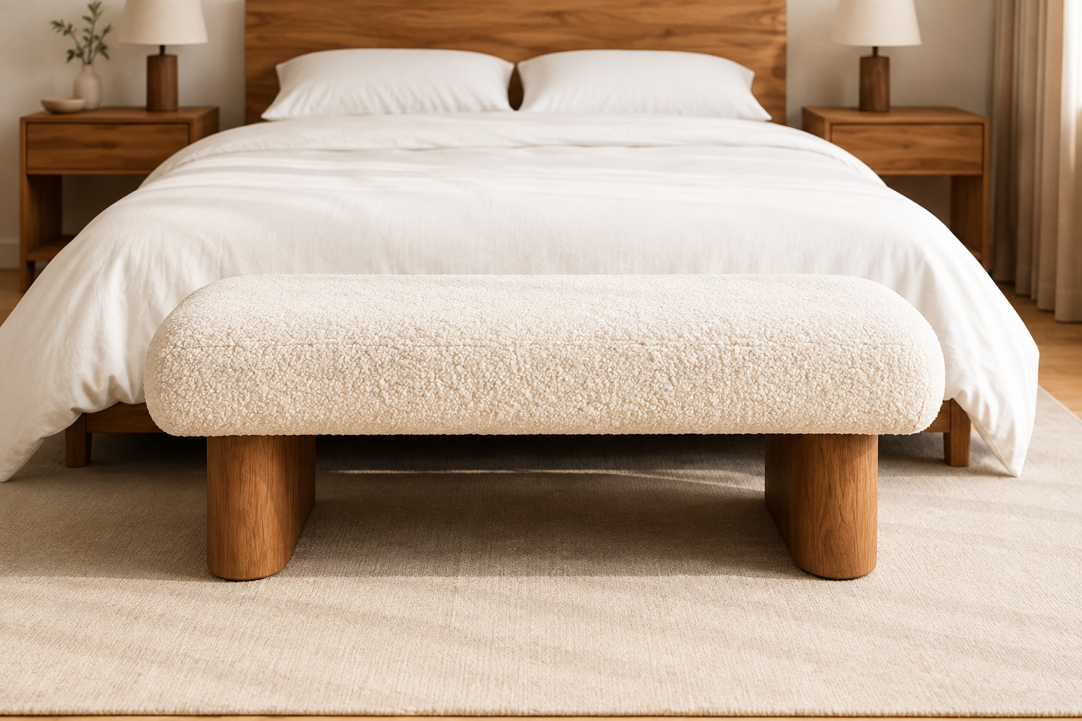 Nuage Bench: a deep cream boucle roll on two rounded oak legs, at the end of a walnut bed