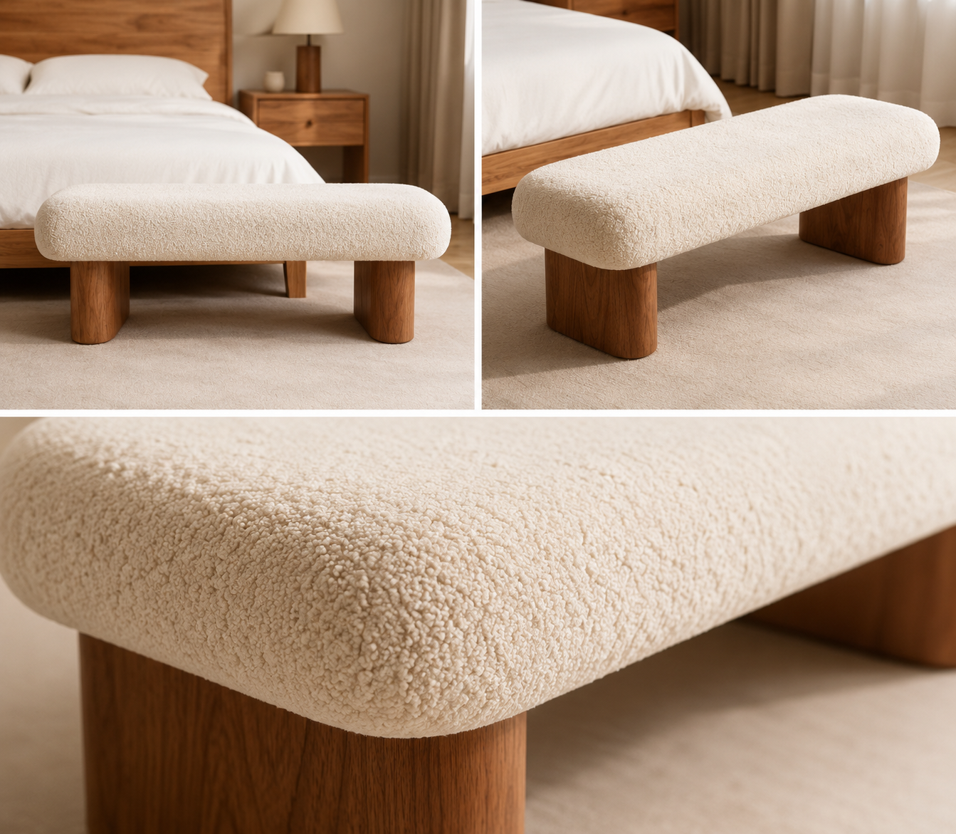 Three views of the Nuage Bench: alongside the bed, seen at an angle, and a close view of the boucle loop against the oak leg